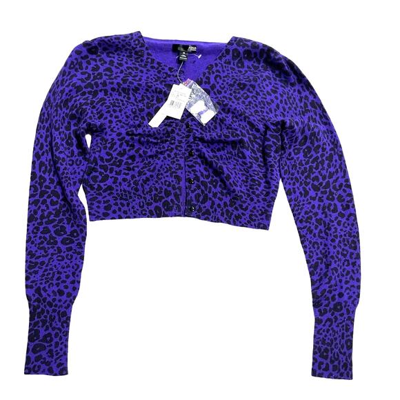 NWT Aqua Crop Cashmere Cardigan Sweater Womens XS Leopard Print Purple MSRP $180 - Picture 1 of 11